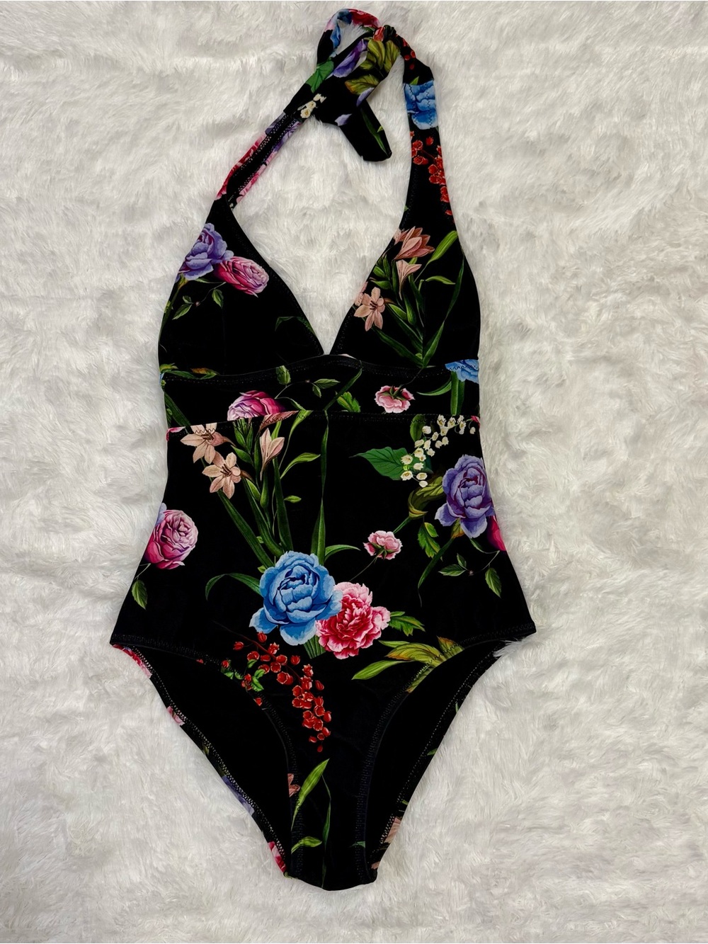 Floral Halter One-Piece Swimsuit - Black Background with Multicolor Blooms Small
